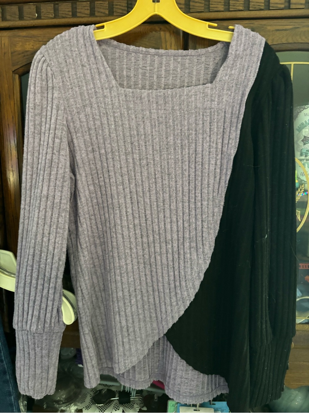 Two-Tone Lilac and Black Ribbed Square-Neck Sweater